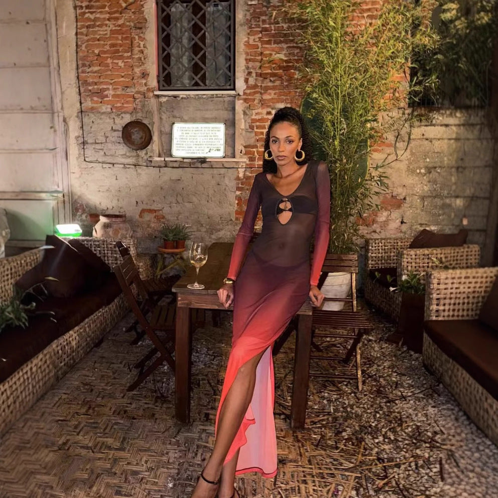 Spring Summer Color Contrast Gradient Transparent Hollow Out Cutout Split Vacation Beach Dress Bella Mia