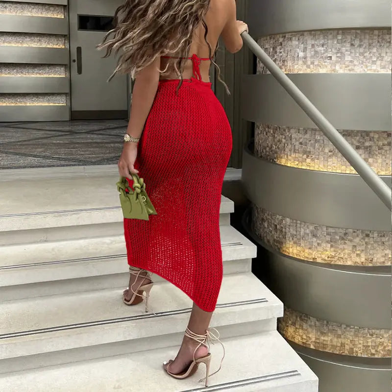 Boho Hollow Out Maxi Beach Cover Up Set With Back Strap Sun Protection Bella Mia