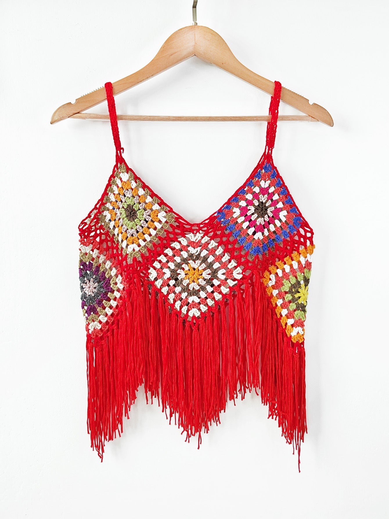 Women Clothing Women Top Pure Hand Crocheting Random Mixed Color Stitching Camisole Tassel Shirt Crochet Bella Mia