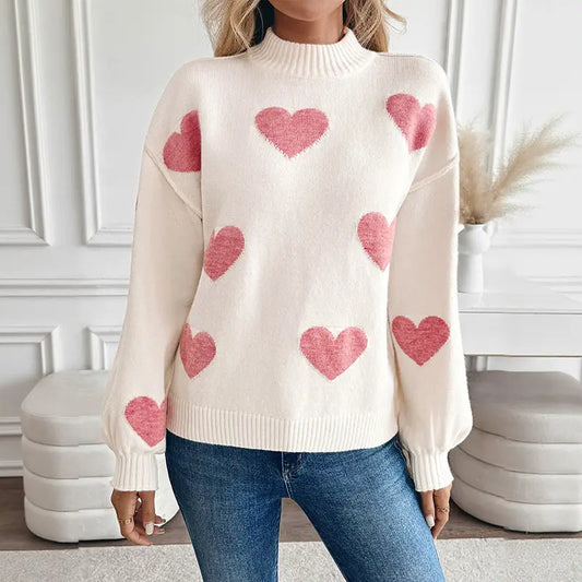 Autumn Winter Inner Love Jacquard Loose Fitting Half High Collar Long Sleeves Sweaters Women Clothing Bella Mia