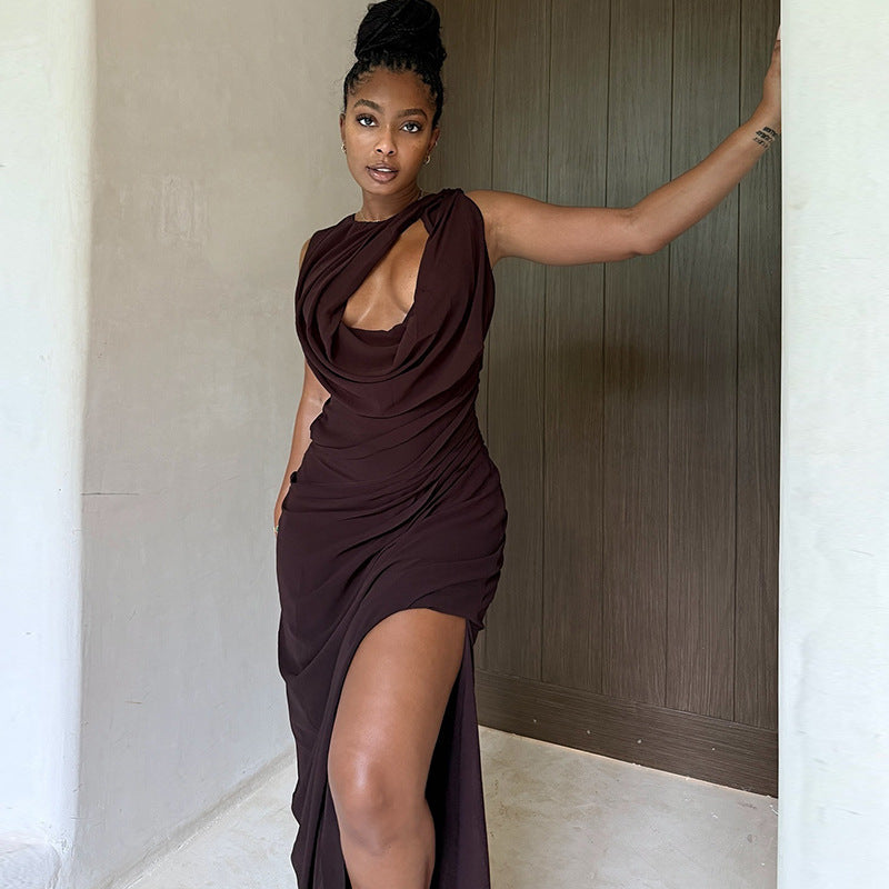 Personalized Pleated Hollow Out Cutout Solid Color Tight Crew Neck Split Maxi Dress Loose Elegant Women Clothing Bella Mia