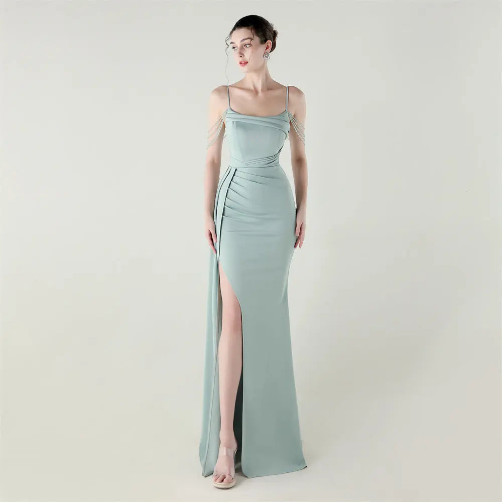 Bandeau Sling Satin Craft Beaded Chain Fishtail Evening Dress Dinner Wedding Ball Bella Mia