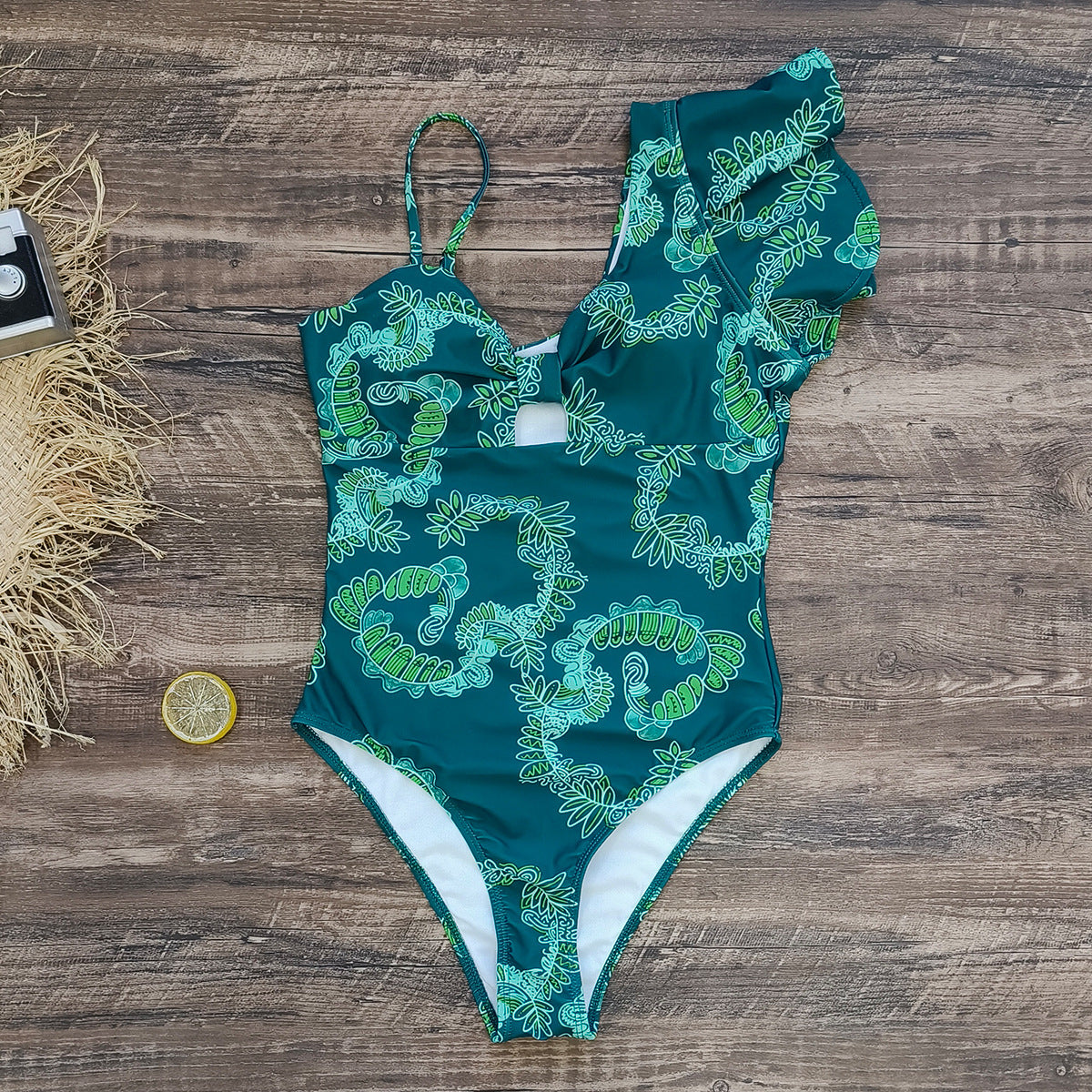 Asymmetric Ruffled Printing Sexy One Piece Swimsuit Women Two Piece Swimsuit Bella Mia