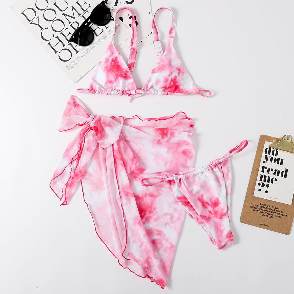 Sexy Women Triangle Split Bikini Mesh Three Piece Suit Crisp Linen Printed Women Swimsuit Bella Mia