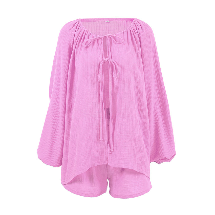 Autumn Loose Casual Cotton Pajamas Women Cardigan Long Sleeve Shorts Comfortable Homewear Can Be Worn outside Bella Mia