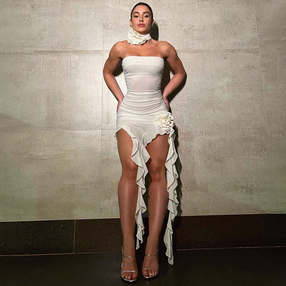 Summer Women Clothing White Net Yarn Floral Ribbon Strapless Dress Blue Chiffon Dress Bella Mia