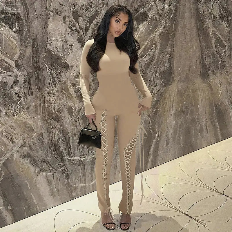 Fall Sexy Solid Color Waist Tight Hollow Out Cutout out Strap Tight Jumpsuit Bella Mia