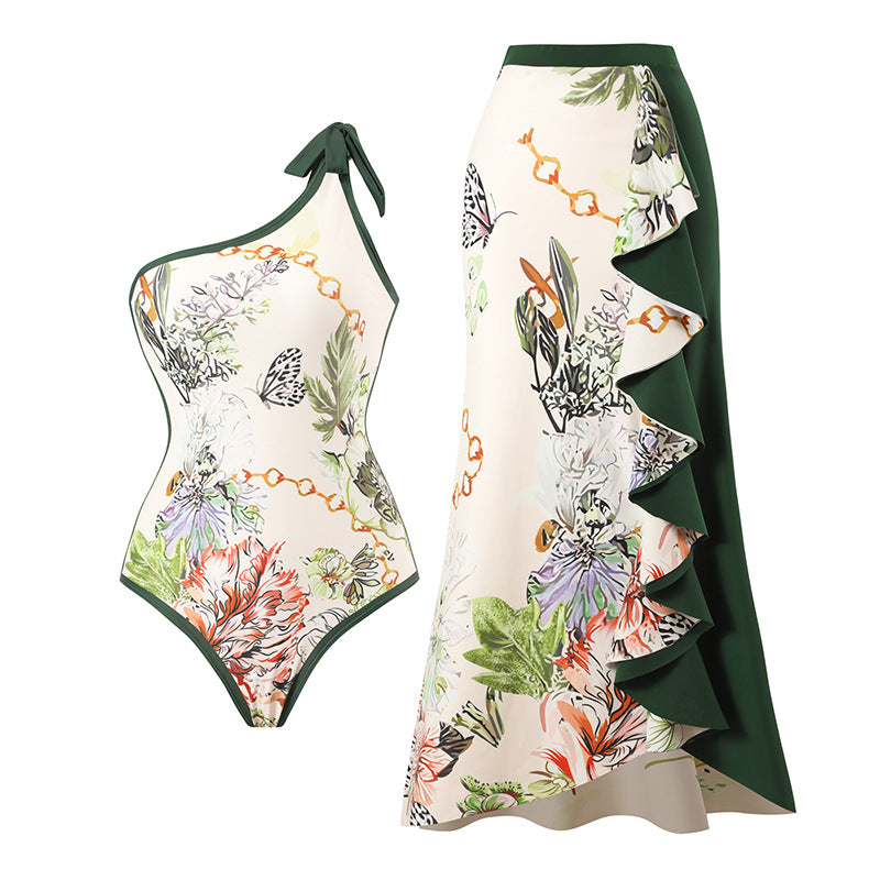 Women Swimsuit Elegant Printed Stitching Contrast Color Beach Sun Protection Skirt Shoulder Two Piece Swimsuit Bella Mia