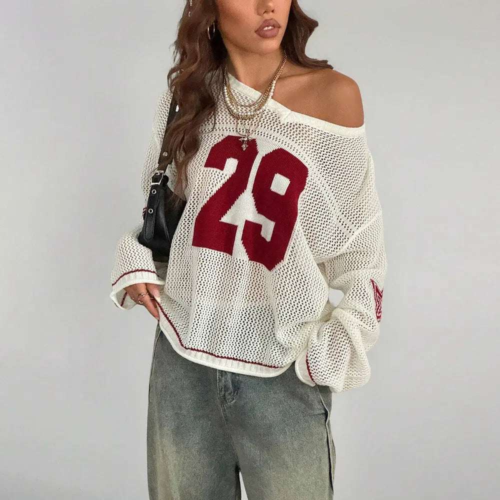 Casual Streetwear Mesh Knit Sweater With Large Number 29 Graphic Bella Mia
