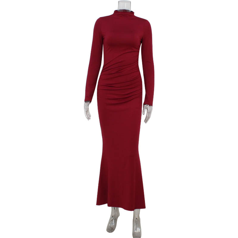 Fall Women Clothing Long Sleeve Slim Fit Solid Color Simple Fishtail Hip Base Dress Bella Mia