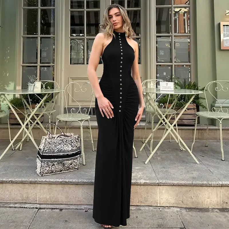 French Women Halter Neck Maxi Dress Bodycon Sleeveless With Ruched Buttons Bella Mia