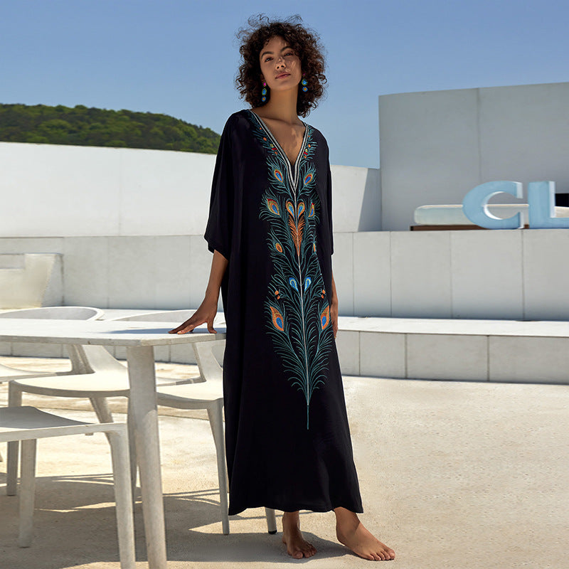 Cotton Printing Vacation Loose Maxi Dress Beach Jacket Maxi Dress Bikini Cover up Blouse Bella Mia