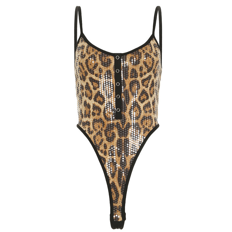 Sexy Leopard Print Sequined Breasted U Neck High Waist Jumpsuit Wild Retro Sexy Slim Camisole