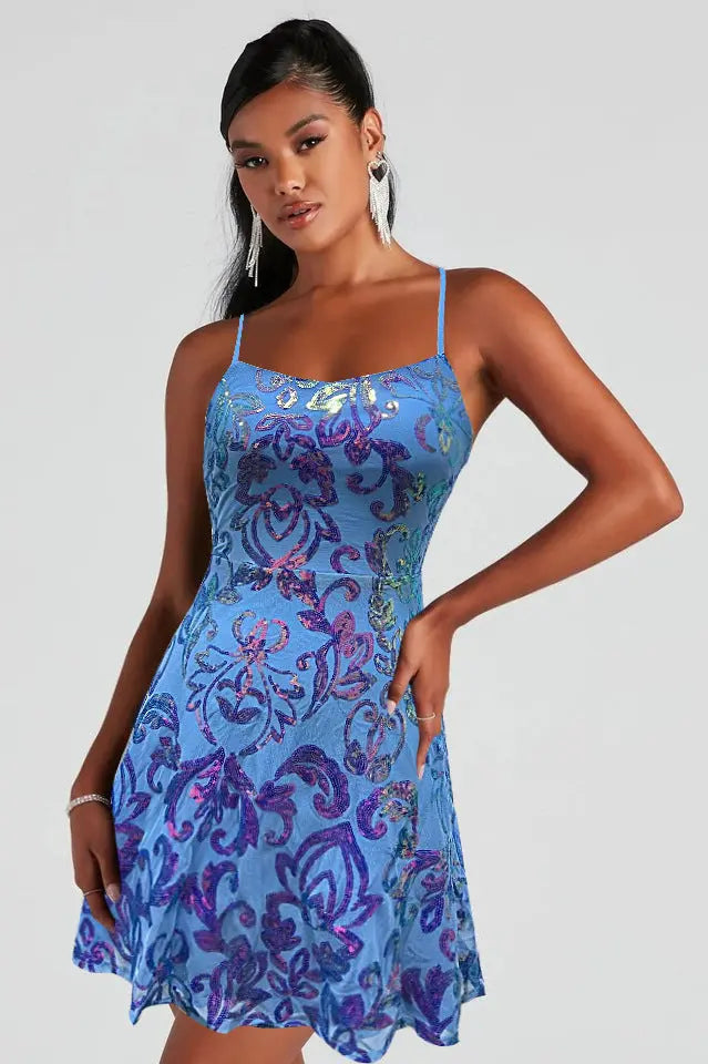 Women Flashing Sequ Loose Mini Dress Cocktail Party Strap Dress Bella Mia