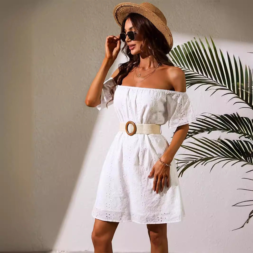 Women Clothing White Off The Shoulder Clothes Eyelet Embroidery No Belt Dress Bella Mia