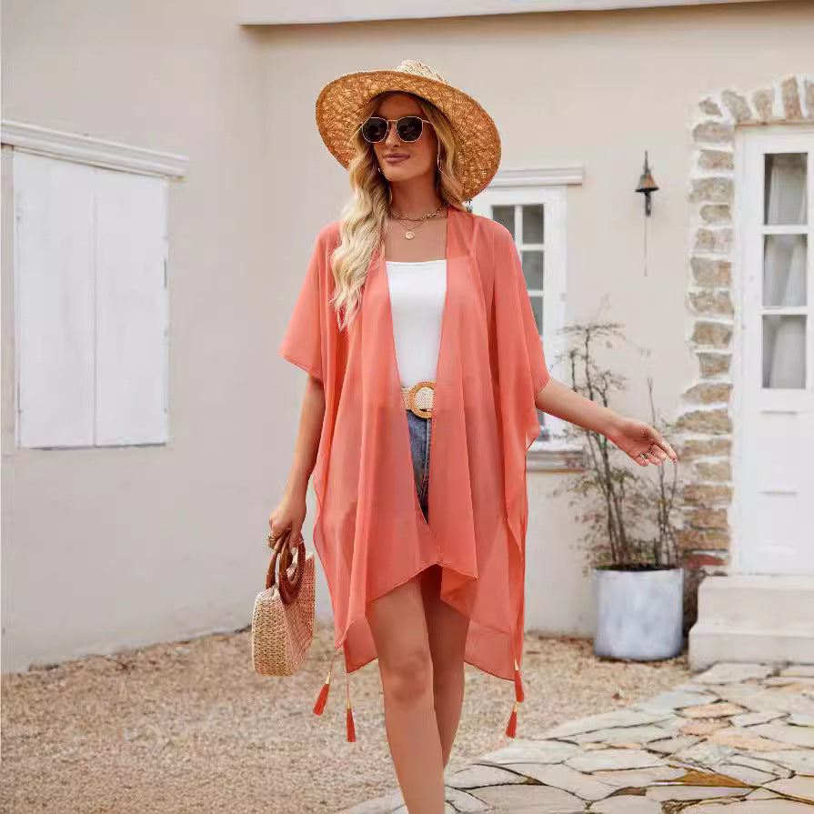 Seaside Blouse See Through Sexy Tassel Thin Cape Solid Color Travel Sun Protection Cardigan Bella Mia