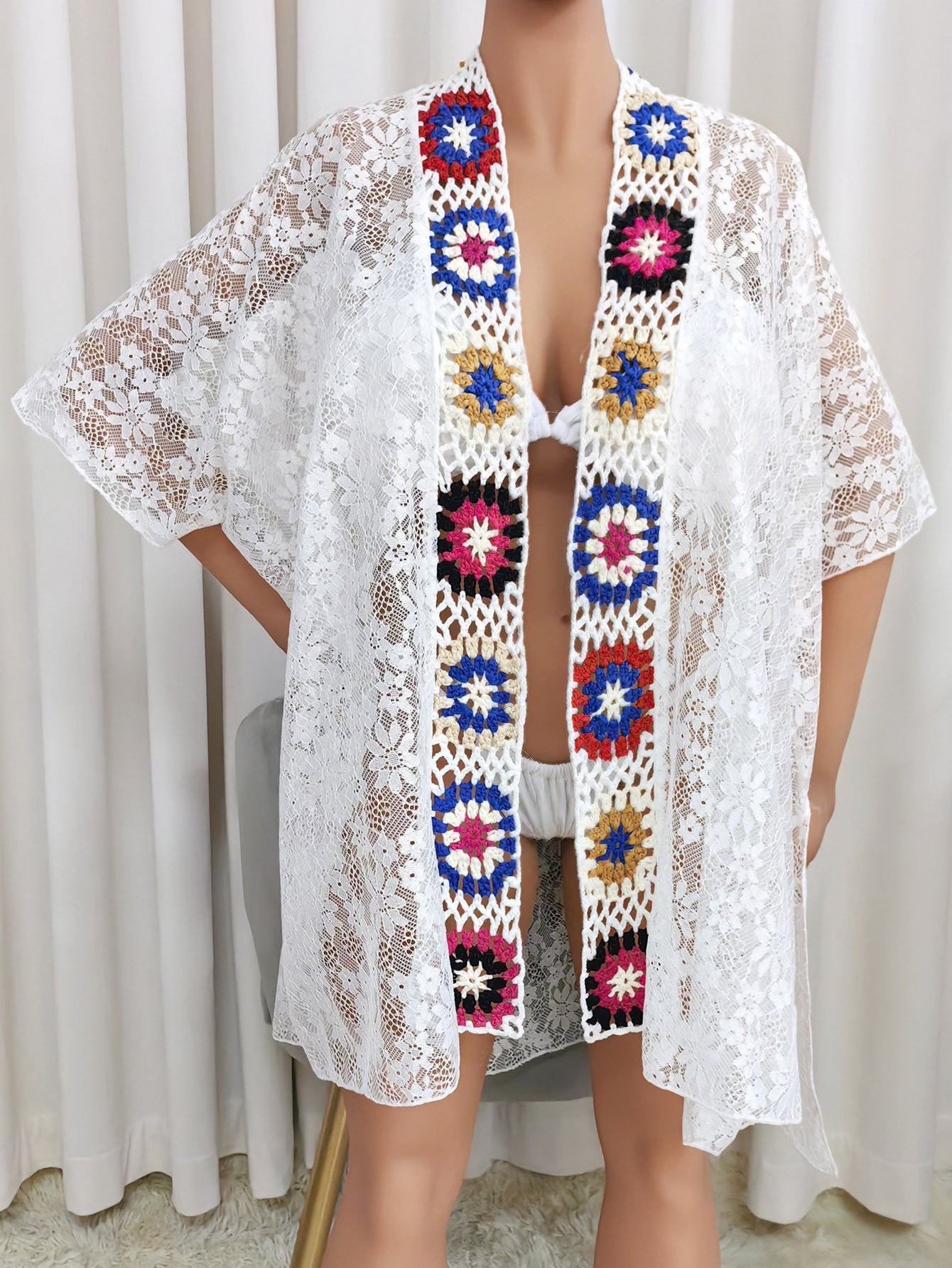 Ladies Overclothes Beach Cover up Random Color Hand Crocheting Stitching Lace Sexy See through Sun Protection Cardigan