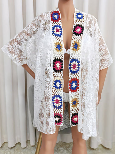 Ladies Overclothes Beach Cover up Random Color Hand Crocheting Stitching Lace Sexy See through Sun Protection Cardigan