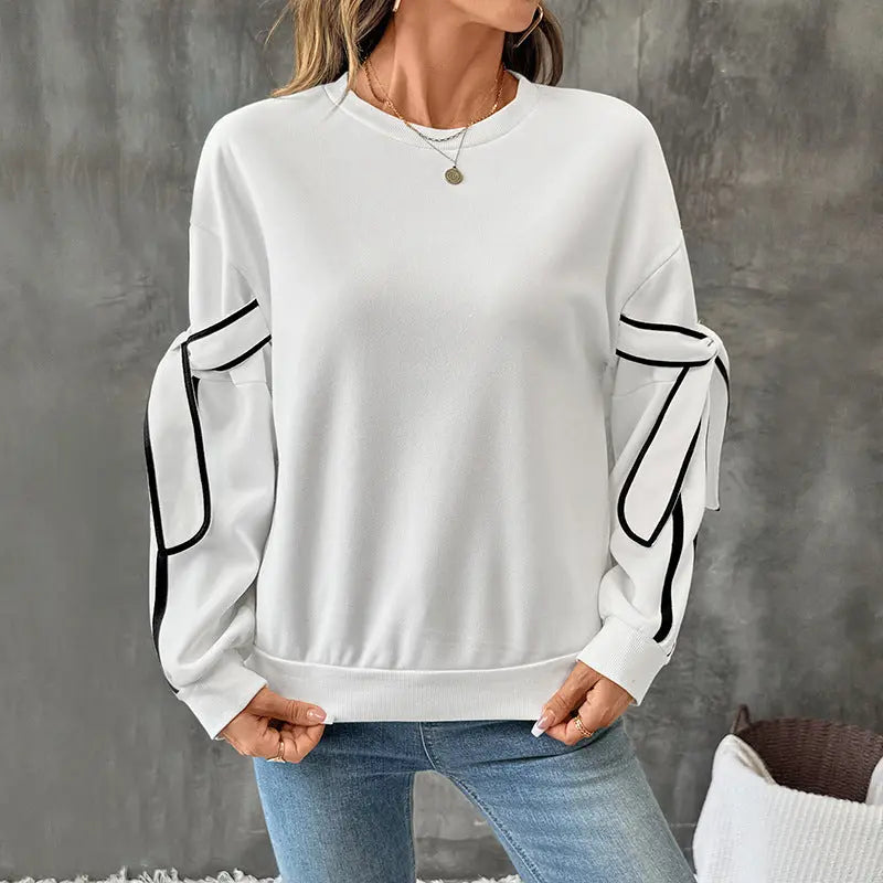 Autumn Contrast Color Three Dimensional Bow round Neck Long Sleeve Pullover Hoodie Women Bella Mia