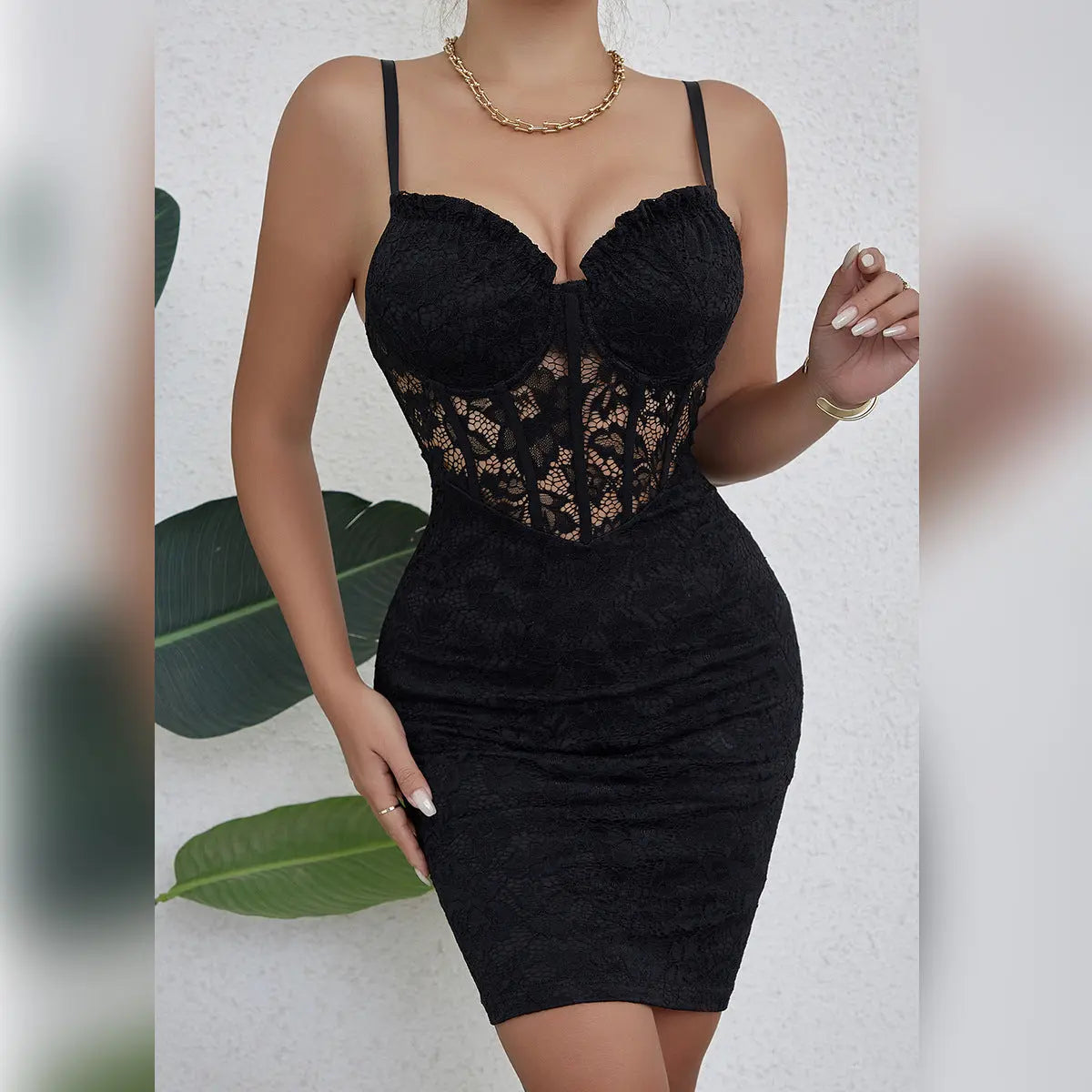 Black Lace Bodycon Dress With V Neck Corset Bodice Bella Mia