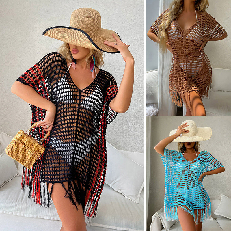 Contrast Color Sexy Loose Pullover V-neck Tassel Hollow Out Cutout out Beach Sun Protection Clothing Bikini Beach Cover-up Crochet hook Bella Mia