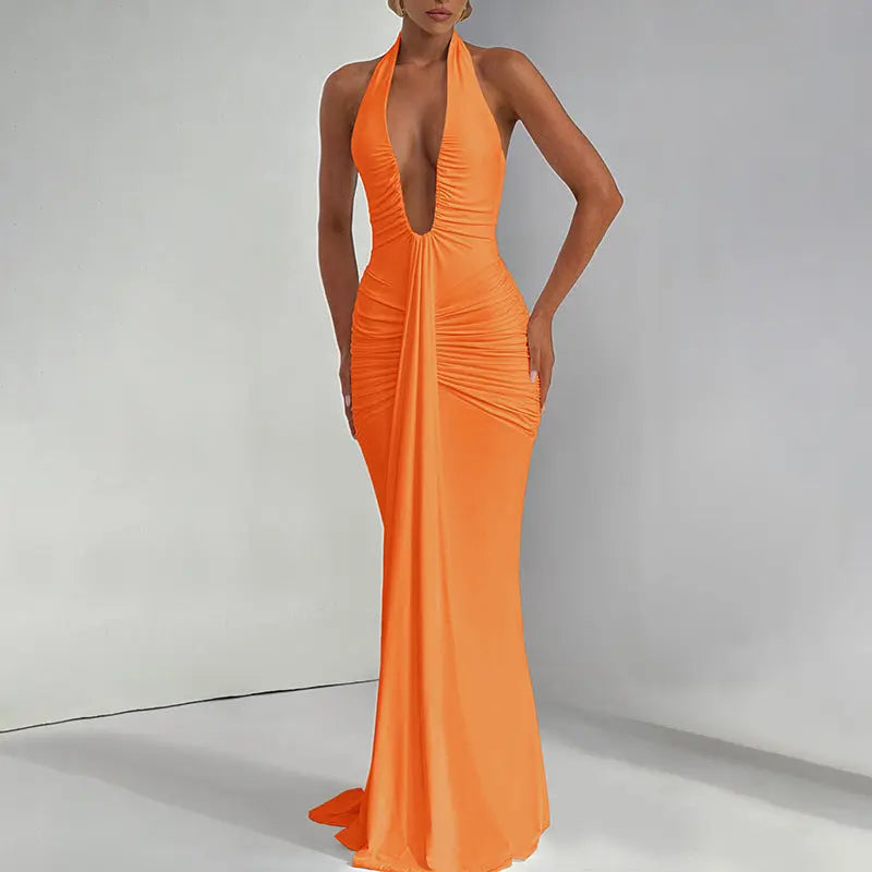 Spring Summer Women Elegant Sexy Deep V Plunge neck Halter Slim Pleated Dress Women Bella Mia