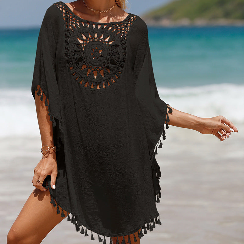 Vacation Hand Crocheting Solid Color Stitching Beach Dress Fimbrilla Sun Protection Short Sexy Beach Blouse Bella Mia