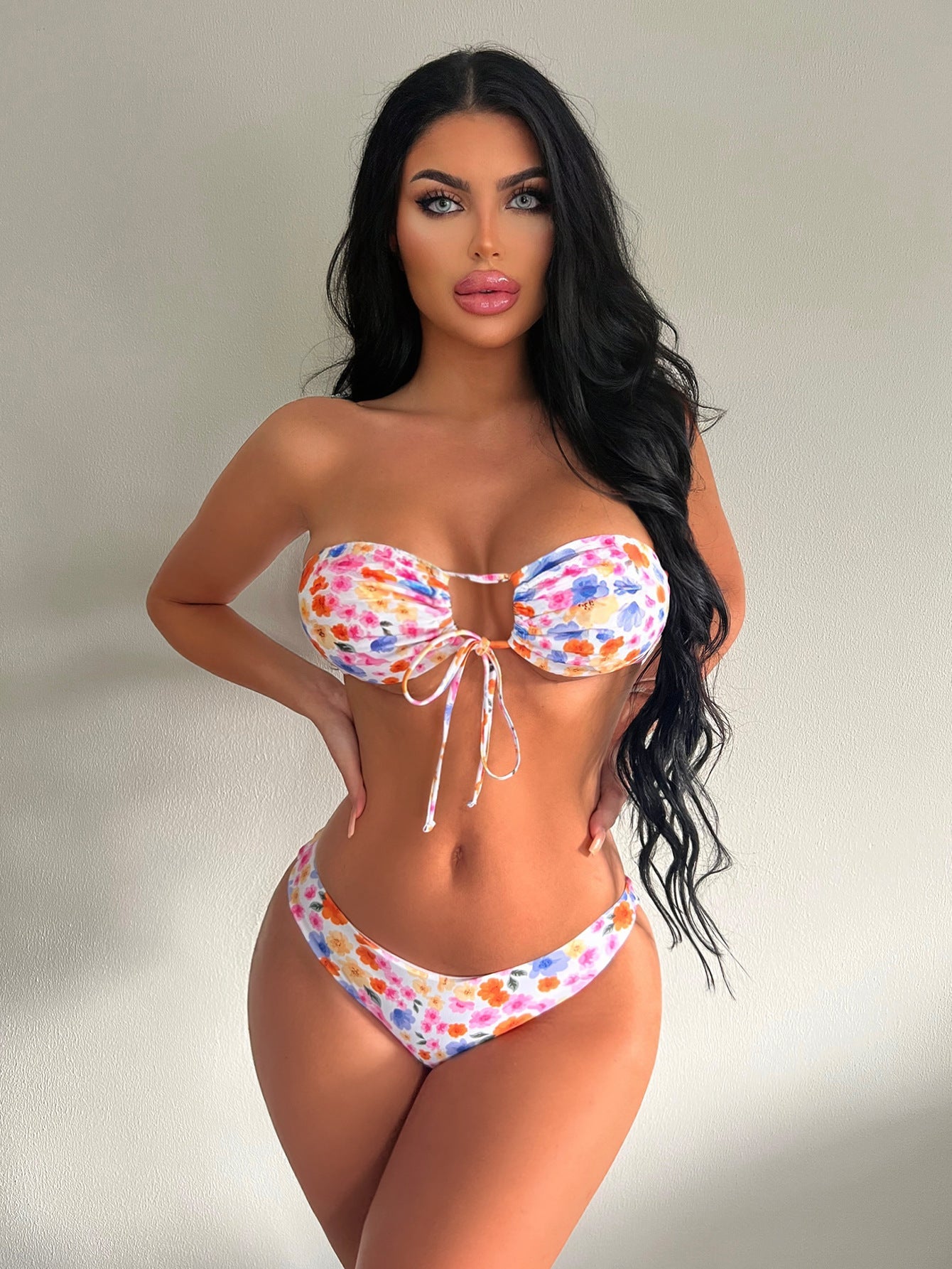 Swimsuit Women Floral Strapless Bikini Backless Lace up Split Swimsuit Bella Mia