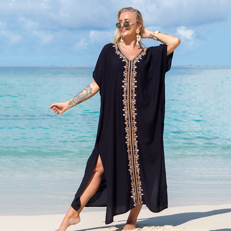 Blue Embroidered Vacation Robe Loose Seaside Beach Dress Sun Protection Clothing Bikini Swimsuit Blouse Bella Mia