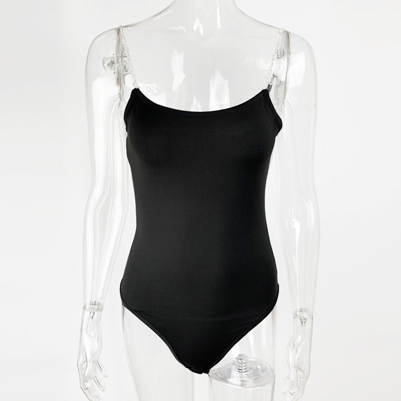 Summer Women Clothing Diamond Chain Slim Top Sexy Low-Cut Sling Bodysuit