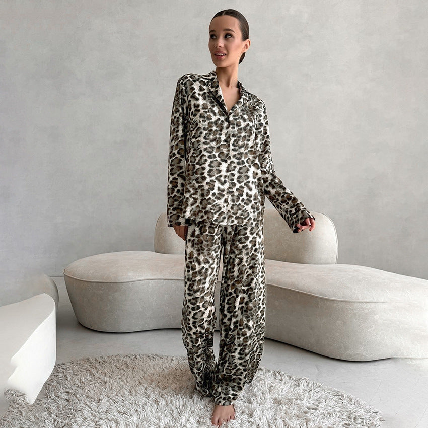 Autumn Satin Leopard Print Soft Comfortable Pajamas Long Sleeved Trousers Women Homewear Bella Mia