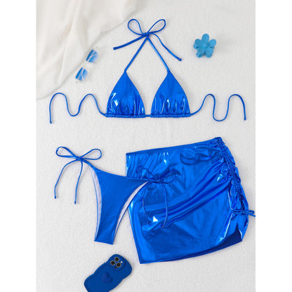 Swimwear Women Bronzing Three Piece Sexy Bikini Solid Color Metal Split Triangle Bag Beach Swimsuit