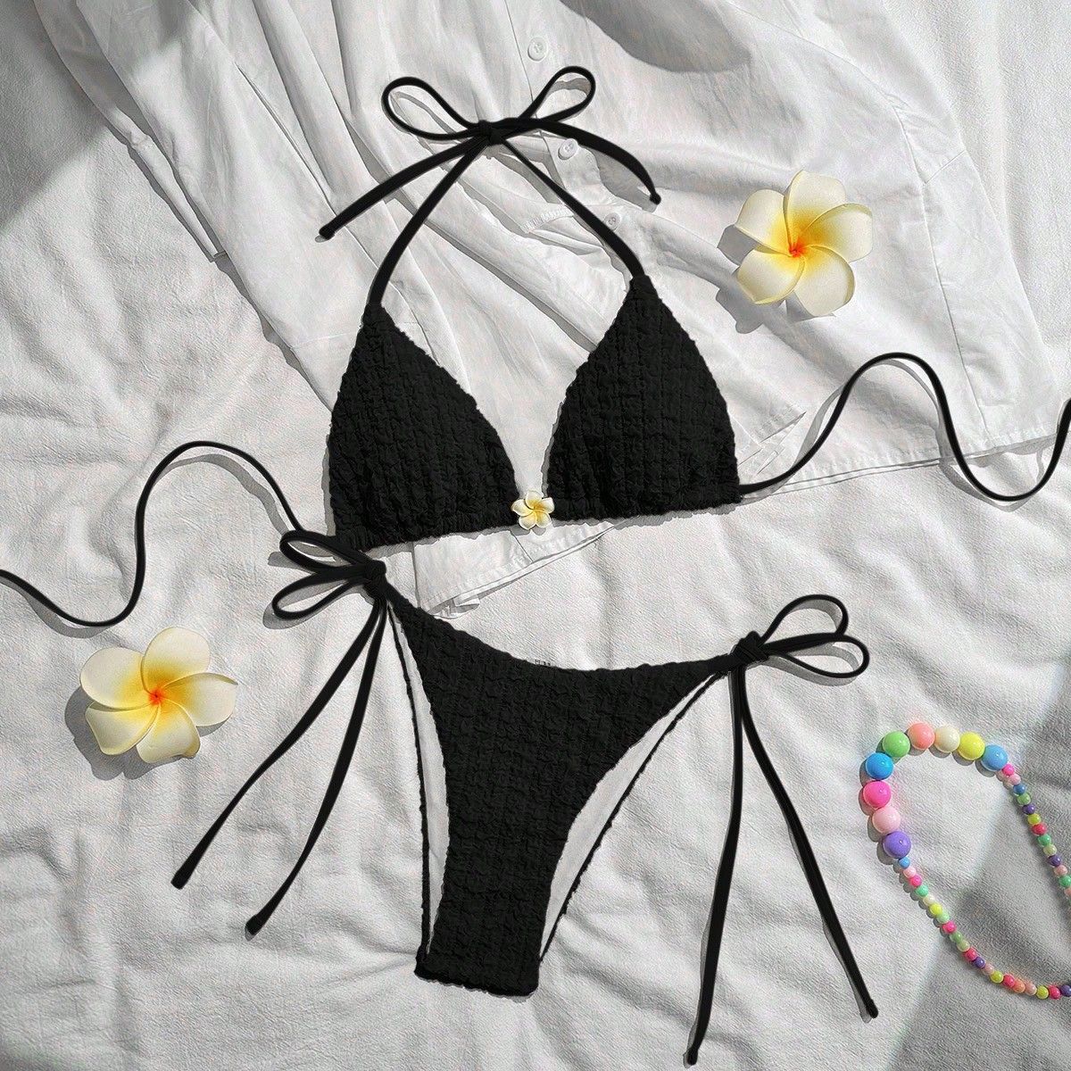 Swimwear Solid Color Lace up Halterneck Sexy Suspenders Bikini Split Swimsuit Bella Mia