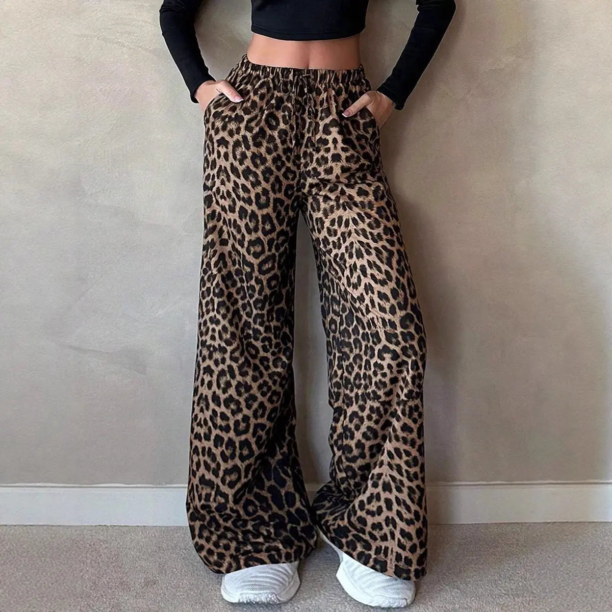 Women Clothing Satin Casual Pants Fall High Waist Leopard Print Loose Straight Satin Wide Leg Pants Bella Mia