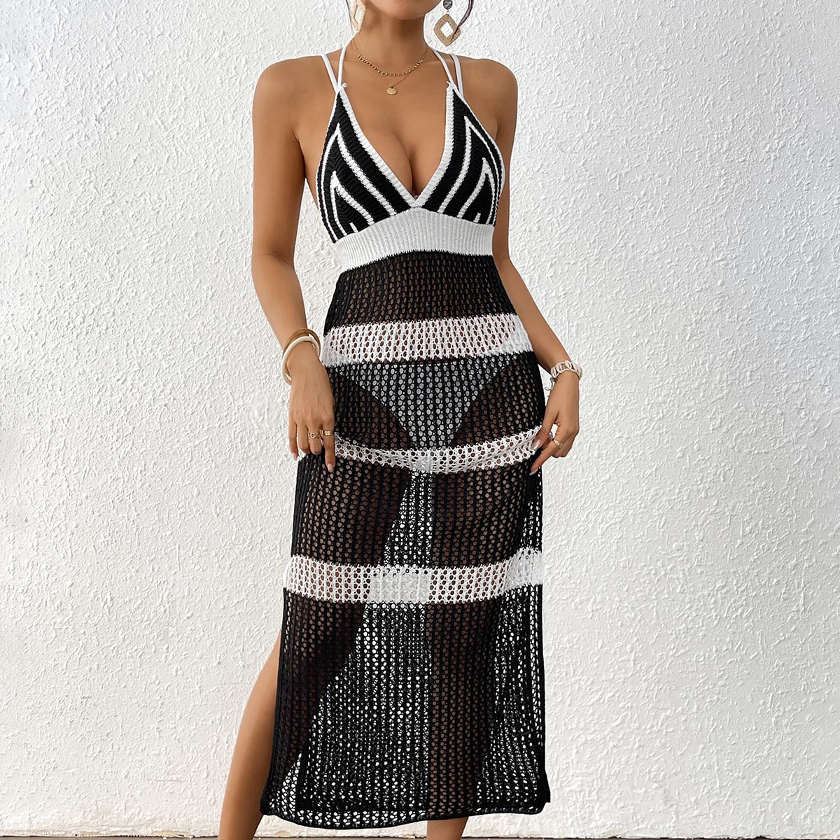 Women Dress Women Clothing Color Contrast Patchwork Suspender Skirt Tied Slim Fit Dress Beach Cover up Bella Mia