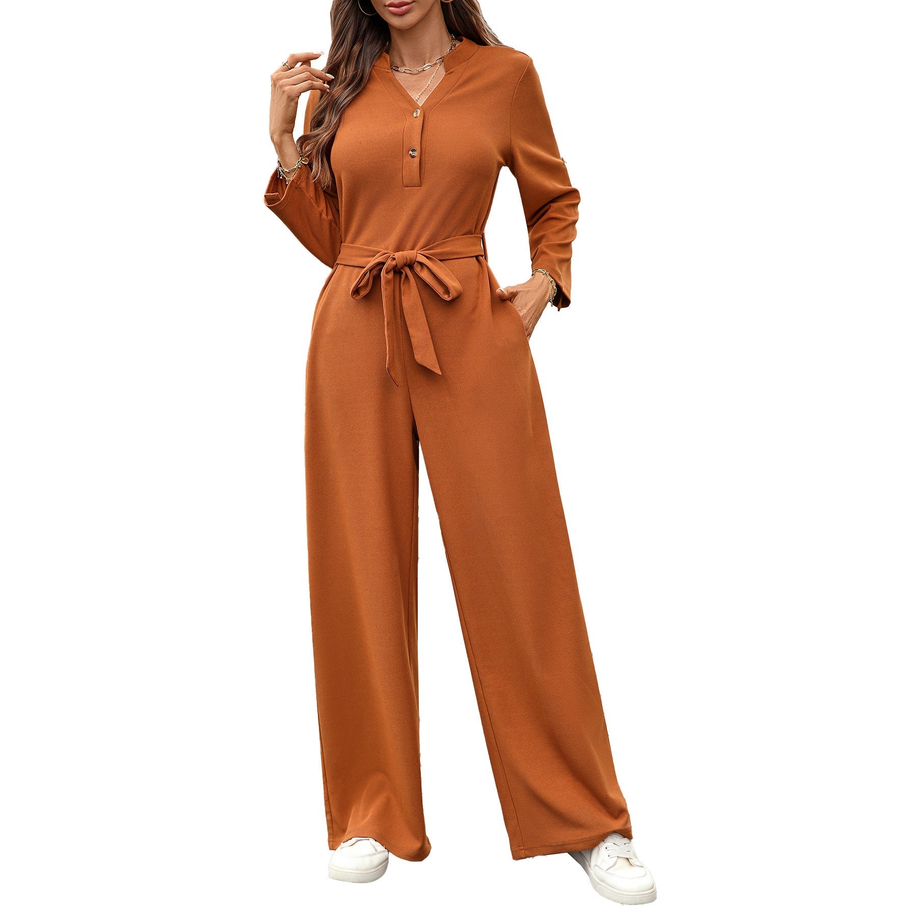 Spring Summer Solid Color High Waist Lace up Button Long Sleeve Loose Jumpsuit Bella Mia