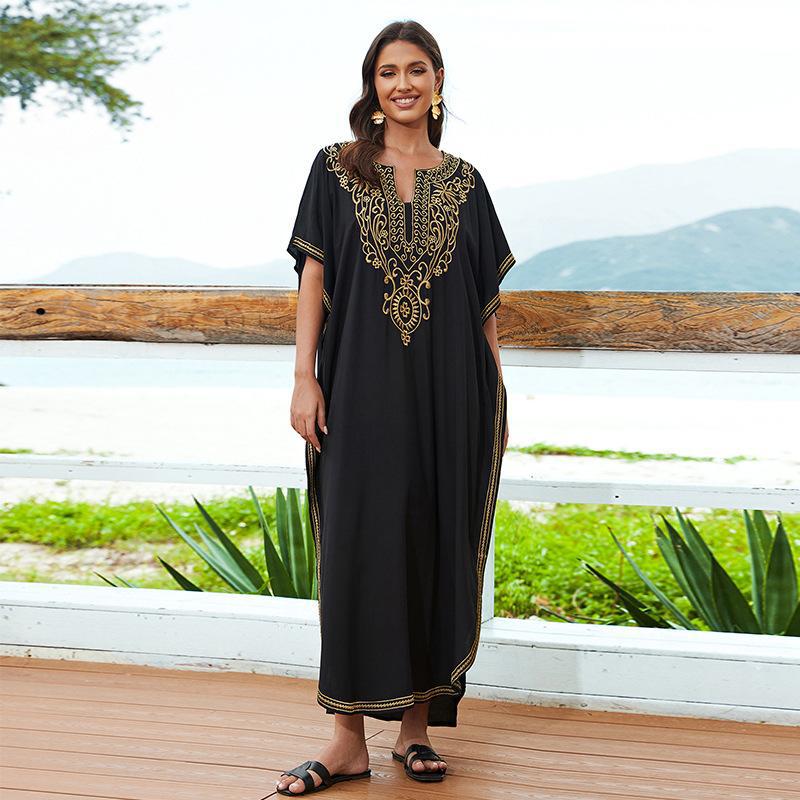 Rayon Embroidery Beach Cover up Embroidered Robe- Loose Vacation Sunscreen Beach Cover Up Bella Mia