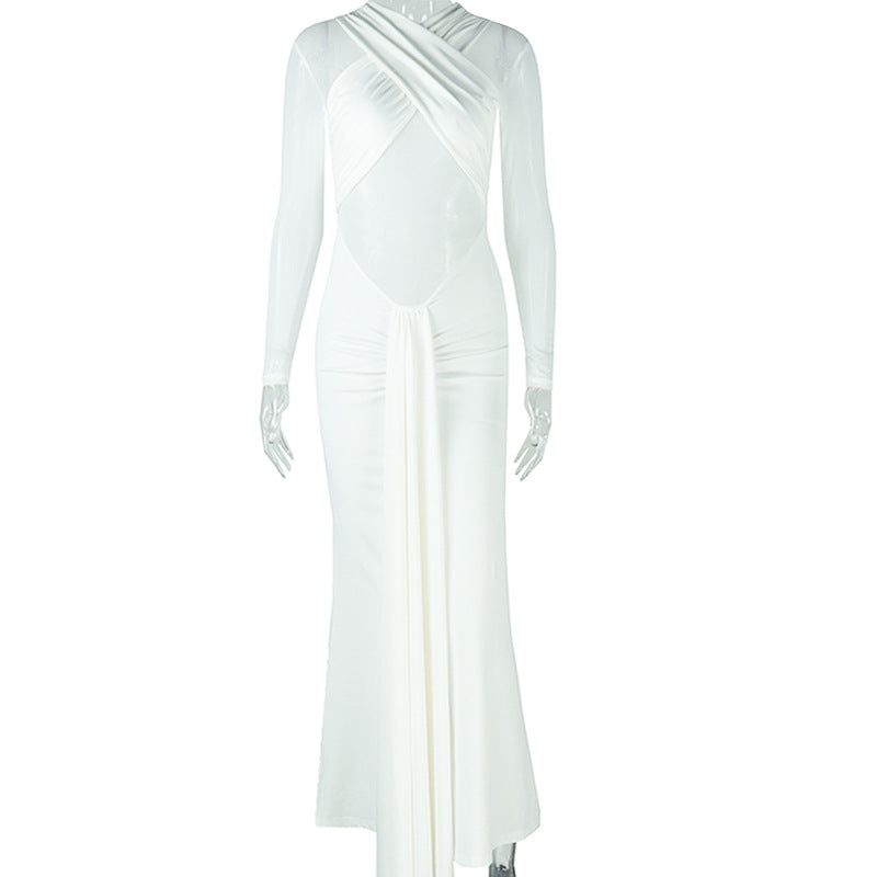 Elegant Simple Women Clothing Sexy Slim Hip Micro Transparent One Step Solid Color Pleated Wrapped Chest Length Dress Bella Mia