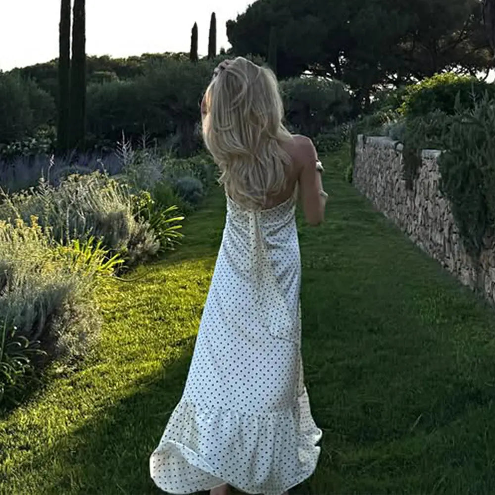 French Halter Polka Dot Satin Dress Sexy Elegant Backless Waist Trimming Dress Bella Mia