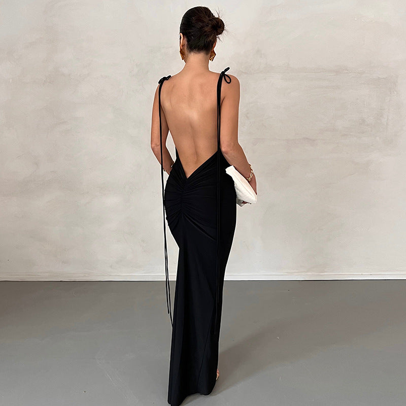 Solid Color Sexy Backless Pleated Long Elegant Slim Strap Dress for Women Bella Mia