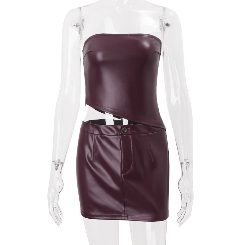 Women Clothing Fall Sexy Faux Leather Tube Top Irregular Asymmetric Top Hip Skirt Set Bella Mia