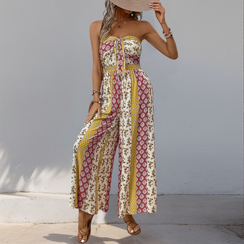 Summer Binding Jumpsuit Ethnic Print Casual Sleeveless Tube Top One Piece Wide Leg Pants Bella Mia