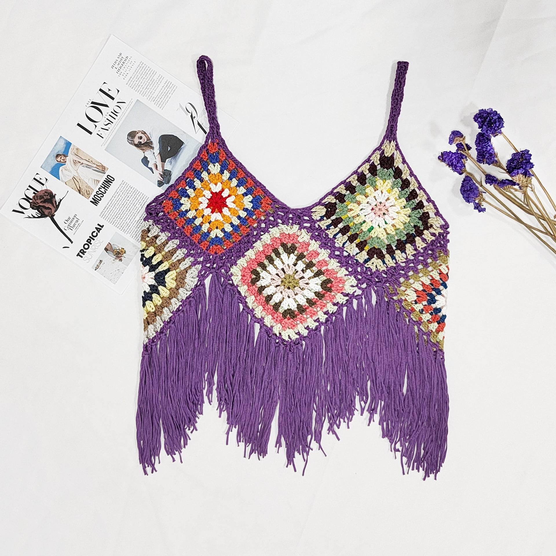 Women Clothing Women Top Pure Hand Crocheting Random Mixed Color Stitching Camisole Tassel Shirt Crochet Bella Mia