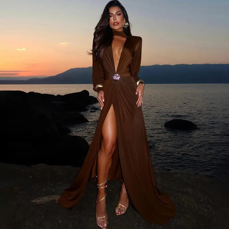 Fall Women Clothing Elegant Sexy Deep V Plunge neck Slim Fit Slit Long Sleeve Dress Women Bella Mia