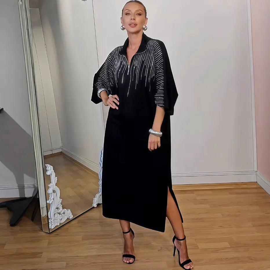 Autumn Printed Collared Maxi Dress For Women With Pockets And Sequin Details Bella Mia