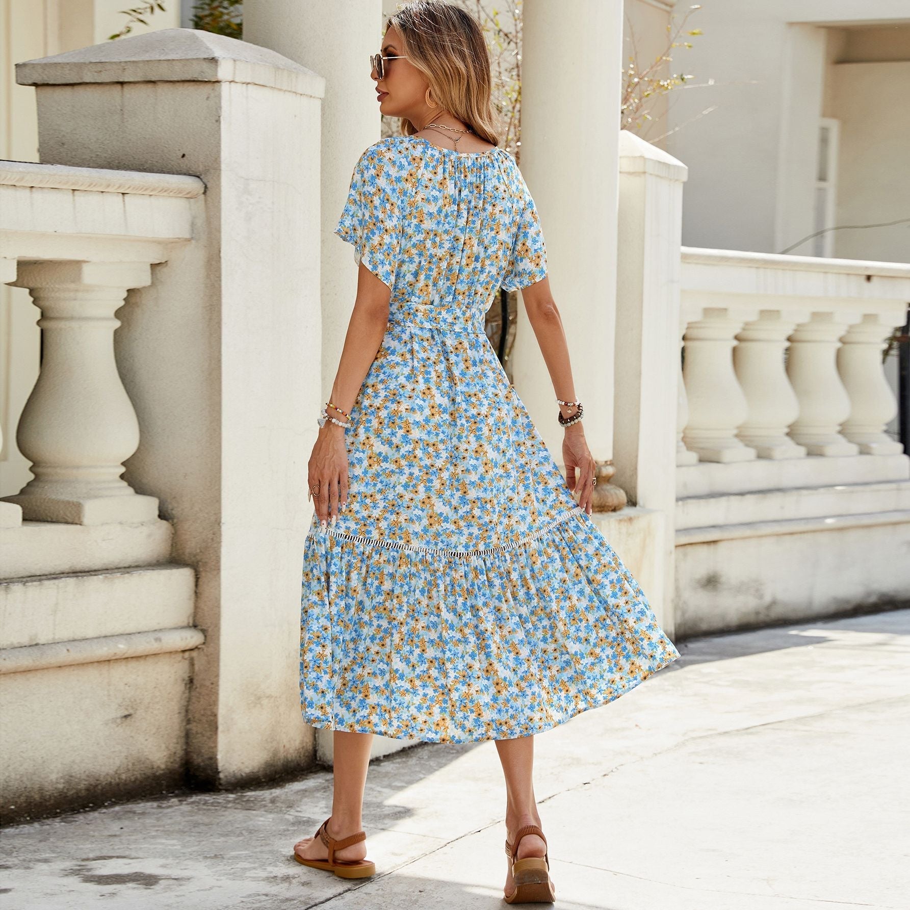 V neck Short Sleeve Hollow Out Cutout Lace Stitching Flounced Pastoral Vacation Dress Bella Mia