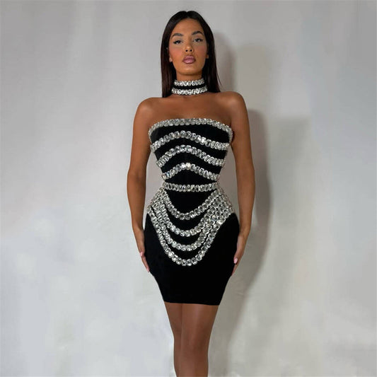 Handmade Beaded Rhinestone Sexy off the Shoulder Bandage One-Piece Dress Slim Party Gathering Evening Dress Bella Mia
