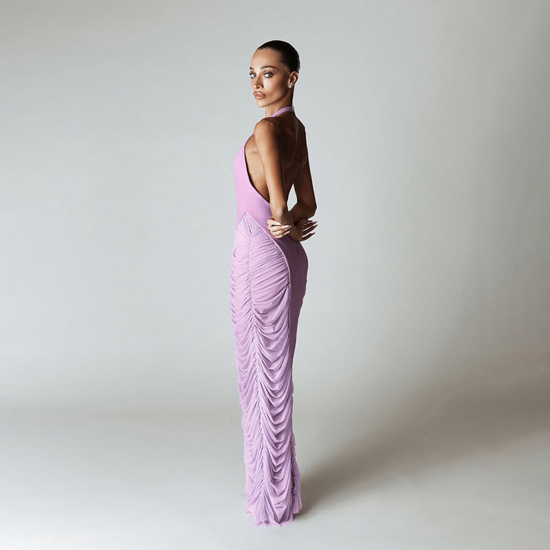 Summer Women Clothing Sexy Deep V Plunge neck Halter Stitching Mesh High Waist Dress Bella Mia