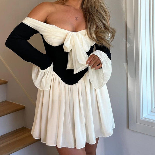 Women Clothing Fall Sexy off Shoulder French Royal Waist Controlled Bell Sleeve Dress Bella Mia