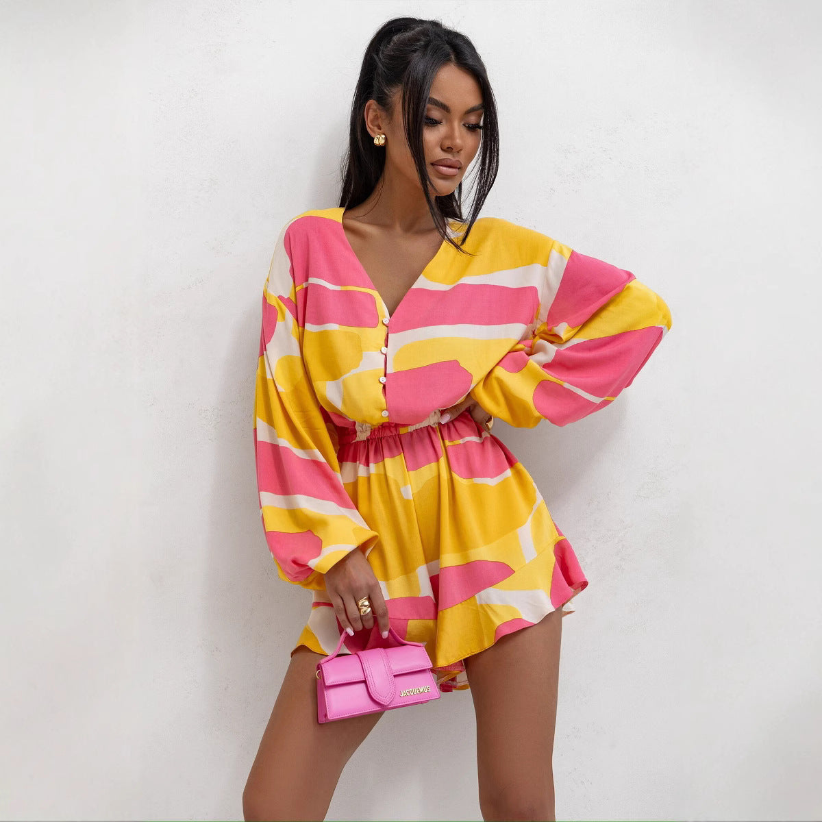 Women Clothing Summer V neck Printed Long Sleeve Waist Trimming Ruffles Shorts Jumpsuit Bella Mia